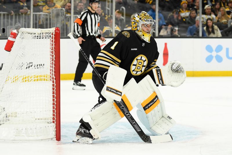 Jan 18, 2024; Boston, Massachusetts, USA; Boston Bruins goaltender Jeremy Swayman (1) in goal during the second period against the Colorado Avalanche at TD Garden. Mandatory Credit: Bob DeChiara-USA TODAY Sports