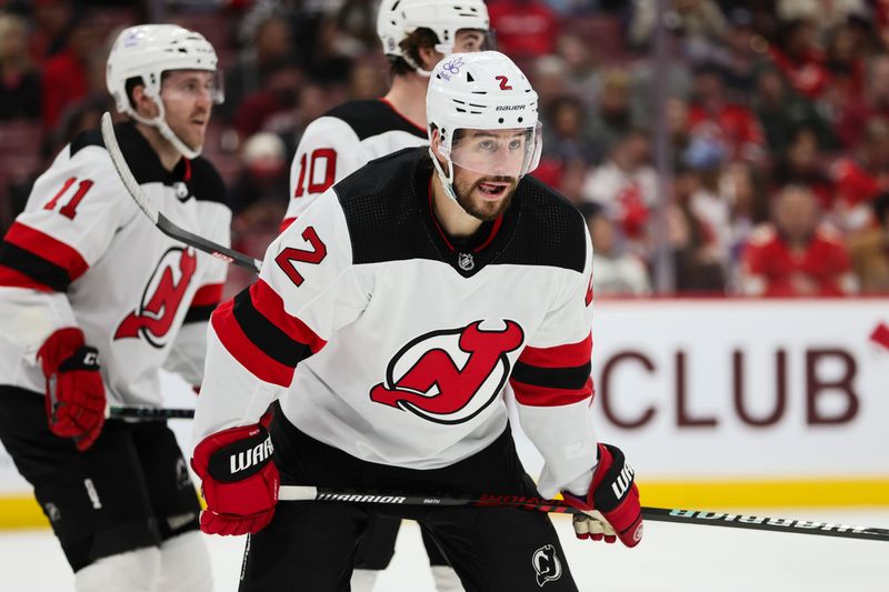 Jan 13, 2024; Sunrise, Florida, USA; New Jersey Devils defenseman Brendan Smith (2) looks on against the Florida Panthers during the second period at Amerant Bank Arena. Mandatory Credit: Sam Navarro-USA TODAY Sports