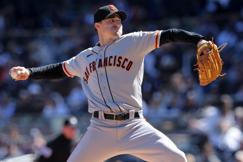 Apr 2, 2023; Bronx, New York, USA; San Francisco Giants starting pitcher Ross Stripling (48) pitches against the New York Yankees during the first inning at Yankee Stadium. Mandatory Credit: Brad Penner-USA TODAY Sports