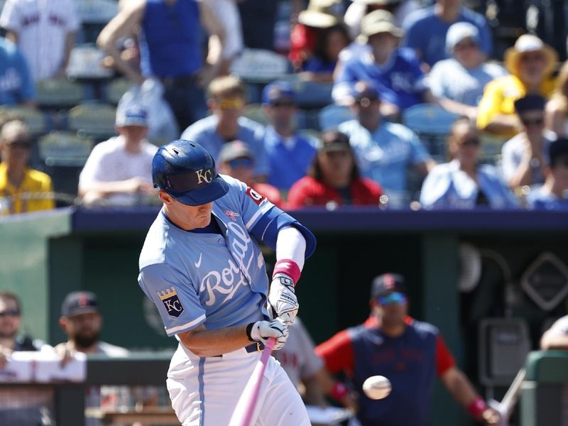 May 11, 2025; Kansas City, Missouri, USA; Kansas City Royals designated hitter Mark Canha (21) hits the ball at Kauffman Stadium. Mandatory Credit: Gary Rohman-Imagn Images