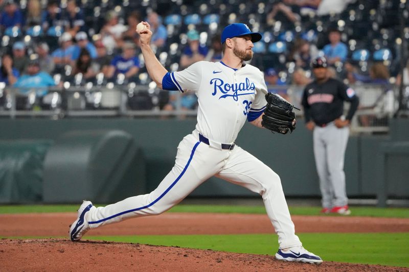 Sep 3, 2024; Kansas City, Missouri, USA; Kansas City Royals pitcher Chris Stratton (35) delivers a pitch against the Cleveland Guardians in the ninth inning at Kauffman Stadium. Mandatory Credit: Denny Medley-Imagn Images