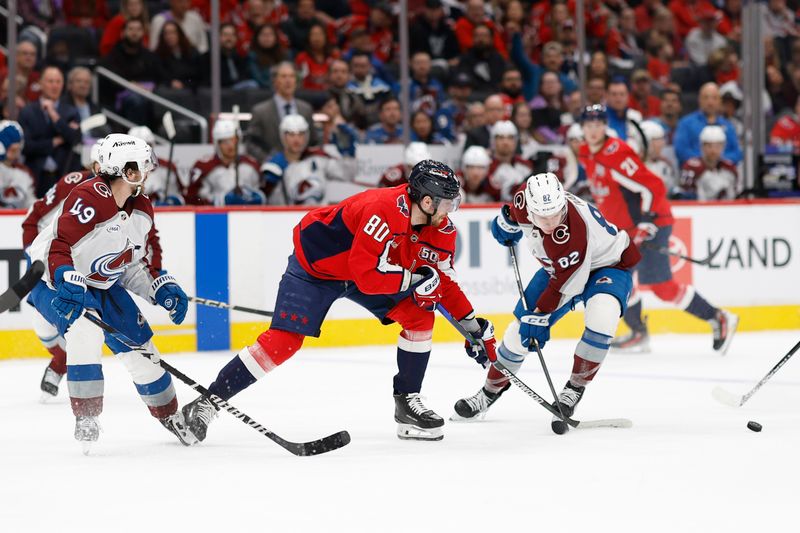 Nov 21, 2024; Washington, District of Columbia, USA; Washington Capitals left wing Pierre-Luc Dubois (80) and Colorado Avalanche center Ivan Ivan (82) battle for the puck in the third period at Capital One Arena. Mandatory Credit: Geoff Burke-Imagn Images