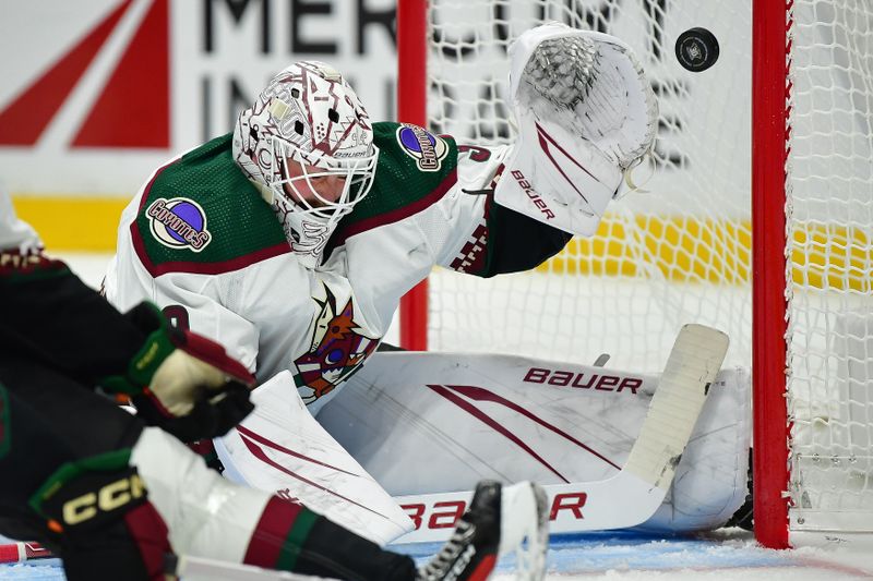 Oct 5, 2023; Anaheim, California, USA; Arizona Coyotes goaltender Connor Ingram (39) blcoks a shot against the Anaheim Ducks during the second period at Honda Center. Mandatory Credit: Gary A. Vasquez-USA TODAY Sports