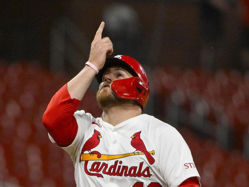 May 19, 2025; St. Louis, Missouri, USA;  St. Louis Cardinals catcher Pedro Pages (43) reacts after hitting a two run home run against the Detroit Tigers during the seventh inning at Busch Stadium. Mandatory Credit: Jeff Curry-Imagn Images