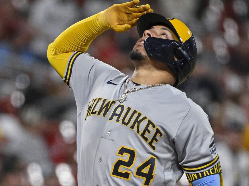 Sep 19, 2023; St. Louis, Missouri, USA;  Milwaukee Brewers catcher William Contreras (24) reacts after hitting a solo home run against the St. Louis Cardinals during the third inning at Busch Stadium. Mandatory Credit: Jeff Curry-USA TODAY Sports