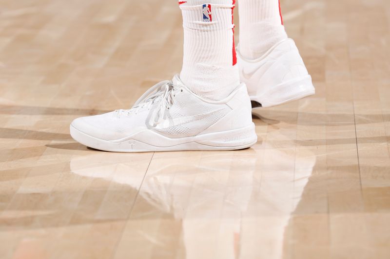 PORTLAND, OR - MARCH 8:  The sneakers worn by Alperen Sengun #28 of the Houston Rockets on March 8, 2024 at the Moda Center Arena in Portland, Oregon. NOTE TO USER: User expressly acknowledges and agrees that, by downloading and or using this photograph, user is consenting to the terms and conditions of the Getty Images License Agreement. Mandatory Copyright Notice: Copyright 2024 NBAE (Photo by Cameron Browne/NBAE via Getty Images)