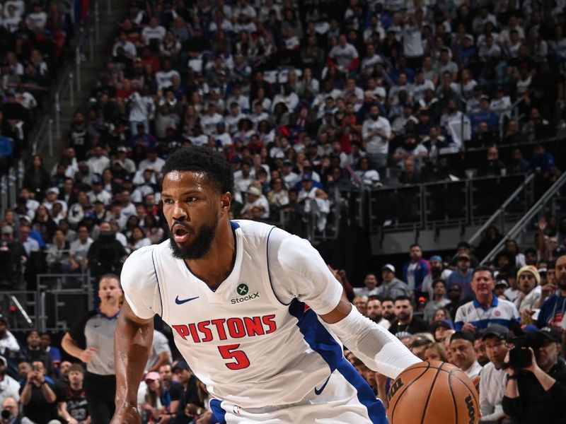 DETROIT, MI - MAY 1: Malik Beasley #5 of the Detroit Pistons dribbles the ball during the game against the New York Knicks  during Round 1 Game 6 of the 2025 NBA Playoffs on May 1, 2025 at Little Caesars Arena in Detroit, Michigan. NOTE TO USER: User expressly acknowledges and agrees that, by downloading and/or using this photograph, User is consenting to the terms and conditions of the Getty Images License Agreement. Mandatory Copyright Notice: Copyright 2025 NBAE (Photo by Chris Schwegler/NBAE via Getty Images)