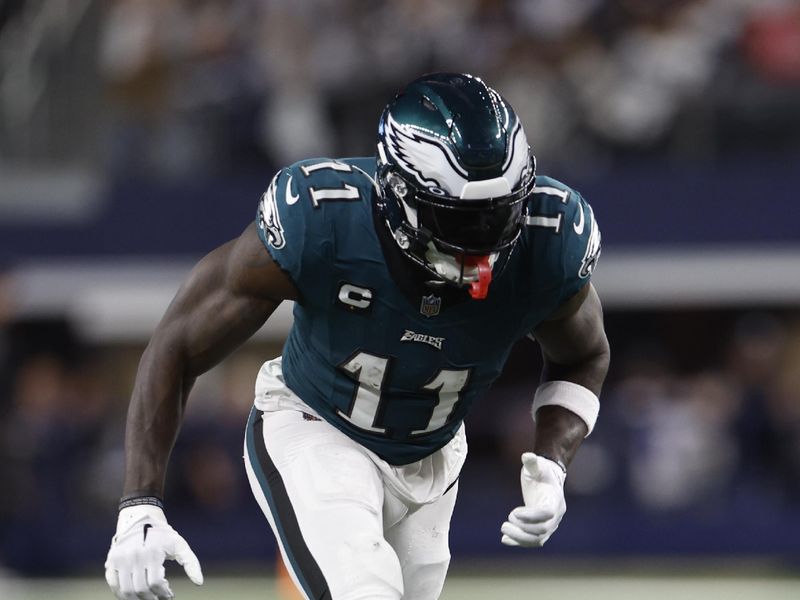 Philadelphia Eagles wide receiver A.J. Brown (11) runs a pass route during an NFL football game against the Dallas Cowboys, Sunday, Dec. 10, 2023, in Arlington, Texas. (AP Photo/Matt Patterson)