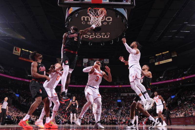 PORTLAND, OR - MARCH 14: Deandre Ayton #2 of the Portland Trail Blazers drives to the basket during the game against the New York Knicks on March 14, 2024 at the Moda Center Arena in Portland, Oregon. NOTE TO USER: User expressly acknowledges and agrees that, by downloading and or using this photograph, user is consenting to the terms and conditions of the Getty Images License Agreement. Mandatory Copyright Notice: Copyright 2024 NBAE (Photo by Cameron Browne/NBAE via Getty Images)