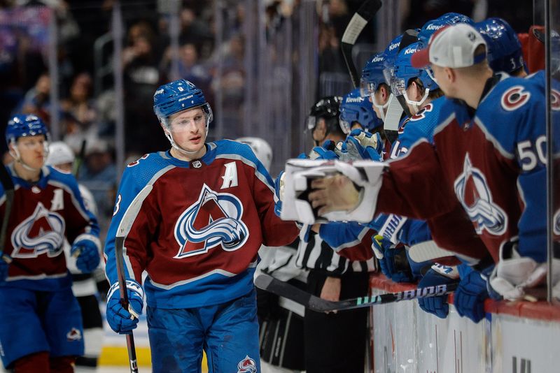 Jan 26, 2024; Denver, Colorado, USA; Colorado Avalanche defenseman Cale Makar (8) celebrates with the bench after his goal in the third period against the Los Angeles Kings at Ball Arena. Mandatory Credit: Isaiah J. Downing-USA TODAY Sports