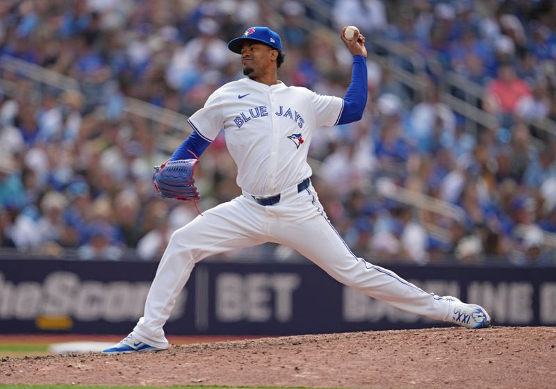 Jun 15, 2024; Toronto, Ontario, CAN; Toronto Blue Jays relief pitcher Genesis Cabrera (92) throws a pitch against the Cleveland Guardians during the eighth inning at Rogers Centre. Mandatory Credit: Nick Turchiaro-USA TODAY Sports