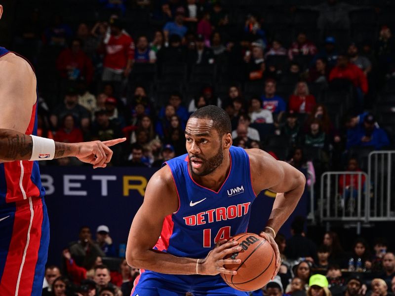 DETROIT, MI - FEBRUARY 4: Alec Burks #14 of the Detroit Pistons handles the ball during the game  against the Orlando Magic on February 4, 2024 at Little Caesars Arena in Detroit, Michigan. NOTE TO USER: User expressly acknowledges and agrees that, by downloading and/or using this photograph, User is consenting to the terms and conditions of the Getty Images License Agreement. Mandatory Copyright Notice: Copyright 2024 NBAE (Photo by Chris Schwegler/NBAE via Getty Images)