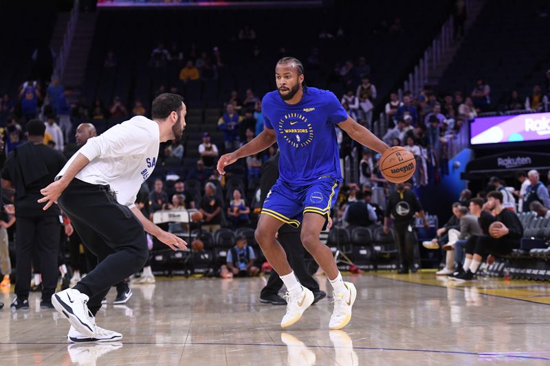 SAN FRANCISCO, CA - APRIL 6: Moses Moody #4 of the Golden State Warriors warms up before the game against the Houston Rockets on April 6, 2025 at Chase Center in San Francisco, California. NOTE TO USER: User expressly acknowledges and agrees that, by downloading and or using this photograph, user is consenting to the terms and conditions of Getty Images License Agreement. Mandatory Copyright Notice: Copyright 2025 NBAE (Photo by Noah Graham/NBAE via Getty Images)