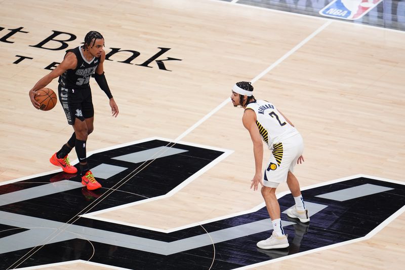 SAN ANTONIO, TX - MARCH 3: Tre Jones #33 of the San Antonio Spurs dribbles the ball during the game against the Indiana Pacers on March 3, 2024 at the AT&T Center in San Antonio, Texas. NOTE TO USER: User expressly acknowledges and agrees that, by downloading and or using this photograph, user is consenting to the terms and conditions of the Getty Images License Agreement. Mandatory Copyright Notice: Copyright 2024 NBAE (Photos by Cooper Neill/NBAE via Getty Images)