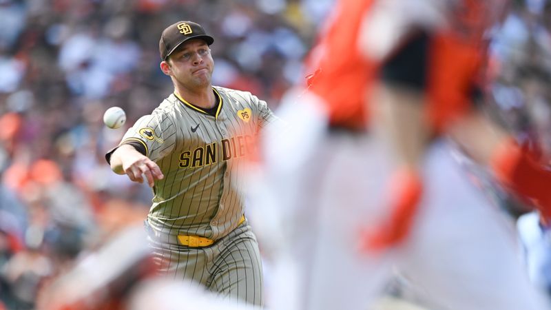 Jul 27, 2024; Baltimore, Maryland, USA; San Diego Padres pitcher Michael King (34) throws to first base after fielding Baltimore Orioles shortstop Gunnar Henderson (2) first inning ground ball  at Oriole Park at Camden Yards. Mandatory Credit: Tommy Gilligan-USA TODAY Sports