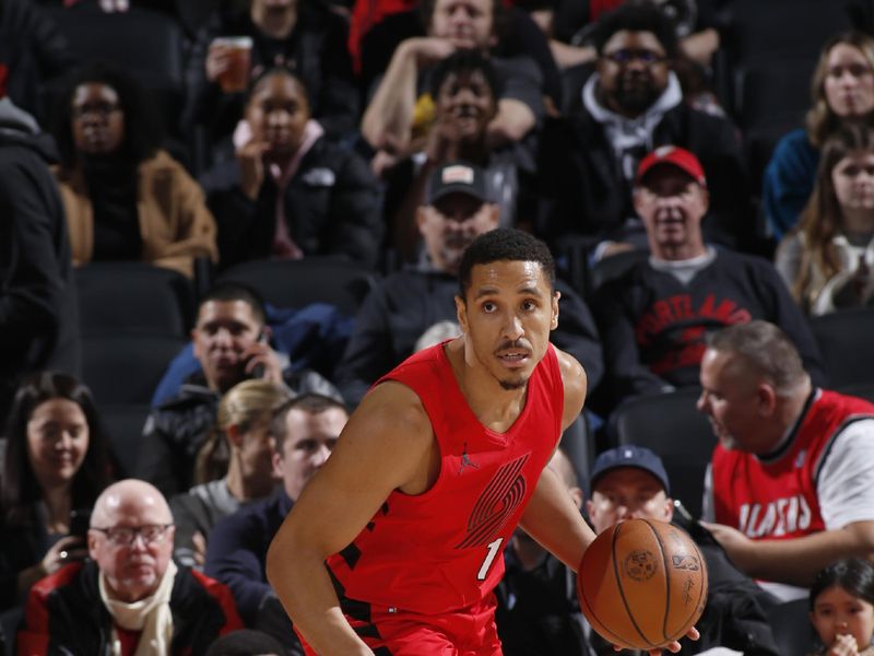 PORTLAND, OR - JANUARY 17: Anfernee Simons #1 of the Portland Trail Blazers dribbles the ball during the game against the Brooklyn Nets on January 17, 2024 at the Moda Center Arena in Portland, Oregon. NOTE TO USER: User expressly acknowledges and agrees that, by downloading and or using this photograph, user is consenting to the terms and conditions of the Getty Images License Agreement. Mandatory Copyright Notice: Copyright 2024 NBAE (Photo by Cameron Browne/NBAE via Getty Images)