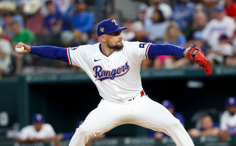 Jul 2, 2024; Arlington, Texas, USA;  Texas Rangers starting pitcher Nathan Eovaldi (17) throws during the first inning against the San Diego Padres at Globe Life Field. Mandatory Credit: Kevin Jairaj-USA TODAY Sports