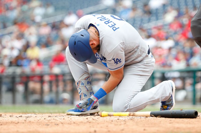 Sep 10, 2023; Washington, District of Columbia, USA; Los Angeles Dodgers left fielder David Peralta (6) reacts after being hit by a pitch from Washington Nationals starting pitcher Trevor Williams (not pictured) during the second inning at Nationals Park. Mandatory Credit: Amber Searls-USA TODAY Sports