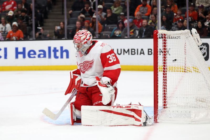 Oct 31, 2025; Anaheim, California, USA;  Detroit Red Wings goaltender John Gibson (36) gives up a goal during the second period against the Anaheim Ducks at Honda Center. Mandatory Credit: Kiyoshi Mio-Imagn Images
