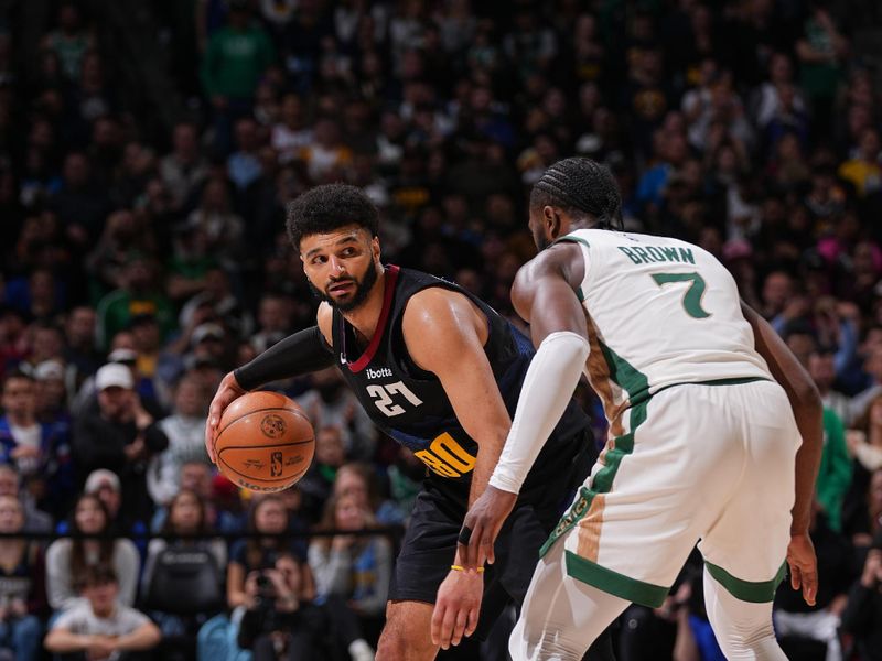 DENVER, CO - MARCH 7: Jamal Murray #27 of the Denver Nuggets dribbles the ball during the game against the Boston Celtics on March 7, 2024 at the Ball Arena in Denver, Colorado. NOTE TO USER: User expressly acknowledges and agrees that, by downloading and/or using this Photograph, user is consenting to the terms and conditions of the Getty Images License Agreement. Mandatory Copyright Notice: Copyright 2024 NBAE (Photo by Bart Young/NBAE via Getty Images)