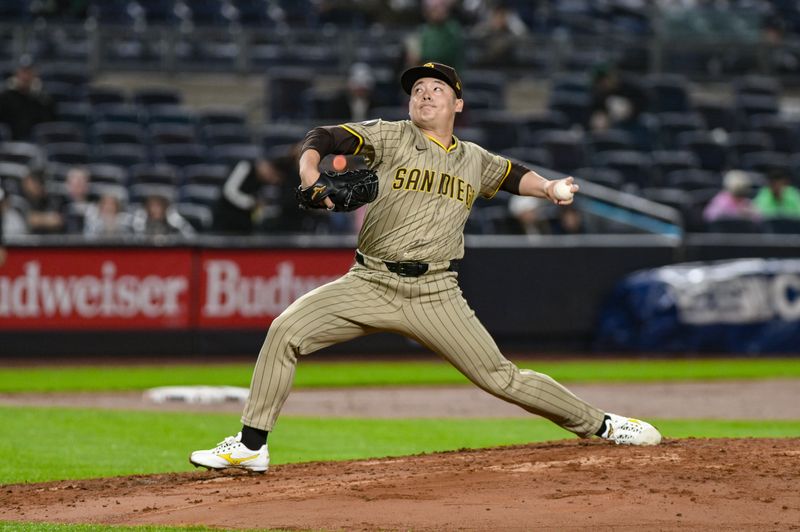 May 5, 2025; Bronx, New York, USA; San Diego Padres pitcher Yuki Matsui (1) pitches during the sixth inning against the New York Yankees at Yankee Stadium. Mandatory Credit: John Jones-Imagn Images
