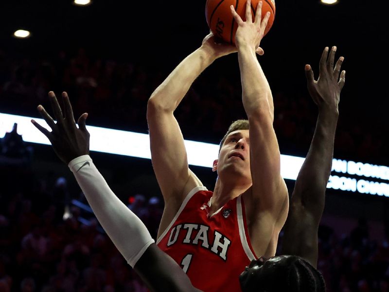 Jan 6, 2024; Tucson, Arizona, USA; Utah Utes forward Ben Carlson (1) shoots a basket against Arizona Wildcats center Oumar Ballo (11) during the first half at McKale Center. Mandatory Credit: Zachary BonDurant-USA TODAY Sports