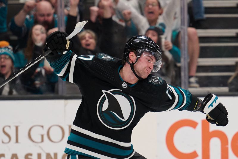 Mar 9, 2024; San Jose, California, USA; San Jose Sharks center Thomas Bordeleau (17) reacts after scoring his second goal of the game against the Ottawa Senators during the second period at SAP Center at San Jose. Mandatory Credit: Robert Edwards-USA TODAY Sports