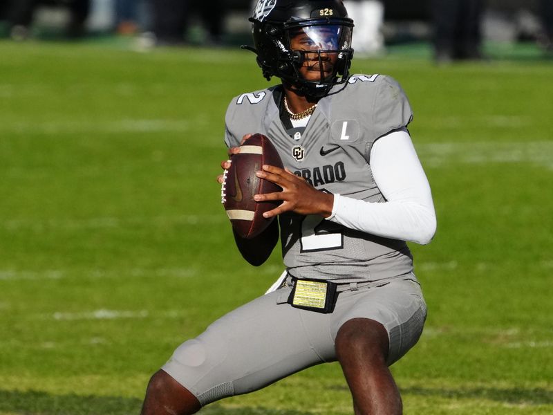 Nov 11, 2023; Boulder, Colorado, USA; Colorado Buffaloes quarterback Shedeur Sanders (2) prepares to pass in the third quarter against the Colorado Buffaloes at Folsom Field. Mandatory Credit: Ron Chenoy-USA TODAY Sports