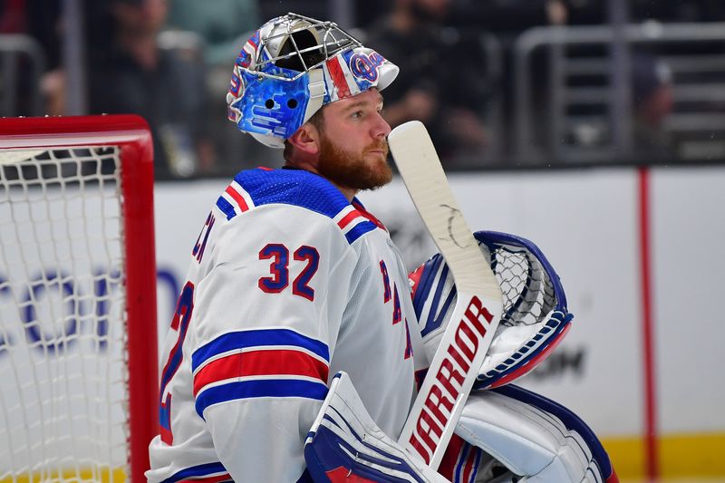 Jan 20, 2024; Los Angeles, California, USA; New York Rangers goaltender Jonathan Quick (32) durng a stoppage in play in the second period at Crypto.com Arena. Mandatory Credit: Gary A. Vasquez-USA TODAY Sports