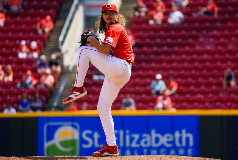 Sep 5, 2024; Cincinnati, Ohio, USA; Cincinnati Reds starting pitcher Rhett Lowder (81) pitches against the Houston Astros in the fifth inning at Great American Ball Park. Mandatory Credit: Katie Stratman-Imagn Images