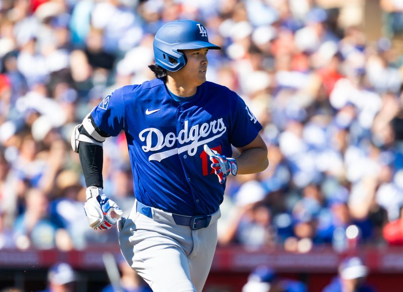Feb 21, 2026; Tempe, Arizona, USA; Los Angeles Dodgers designated hitter Shohei Ohtani against the Los Angeles Angels during a spring training game at Tempe Diablo Stadium. Mandatory Credit: Mark J. Rebilas-Imagn Images