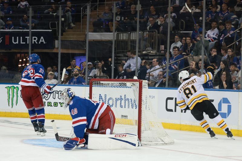 Sep 23, 2025; New York, New York, USA; Boston Bruins center Michael Eyssimont (81) scores his first goal of the game against New York Rangers goaltender Talyn Boyko (40) during the third period of a preseason game at Madison Square Garden. Mandatory Credit: Vincent Carchietta-Imagn Images