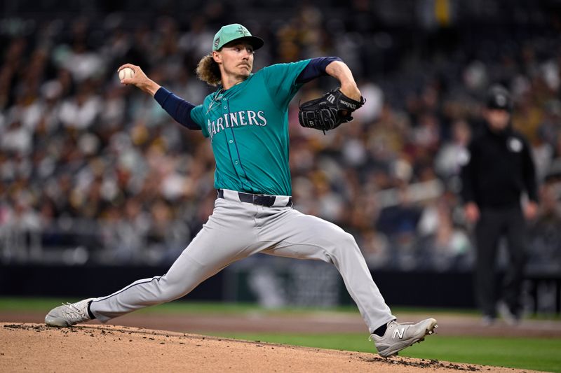 Mar 25, 2024; San Diego, California, USA; Seattle Mariners starting pitcher Bryce Miller (50) throws a pitch against the San Diego Padres during the first inning at Petco Park. Mandatory Credit: Orlando Ramirez-USA TODAY Sports