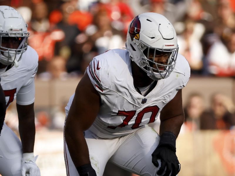 Arizona Cardinals offensive lineman Paris Johnson Jr. (70) lines up for a play during an NFL football game against the Cleveland Browns, Sunday, Nov. 5, 2023, in Cleveland. (AP Photo/Kirk Irwin)