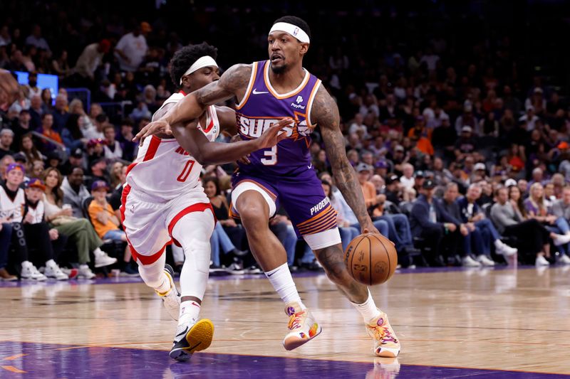 PHOENIX, ARIZONA - MARCH 02: Bradley Beal #3 of the Phoenix Suns drives against Aaron Holiday #0 of the Houston Rockets during the first half at Footprint Center on March 02, 2024 in Phoenix, Arizona. NOTE TO USER: User expressly acknowledges and agrees that, by downloading and or using this photograph, User is consenting to the terms and conditions of the Getty Images License Agreement.  (Photo by Chris Coduto/Getty Images)