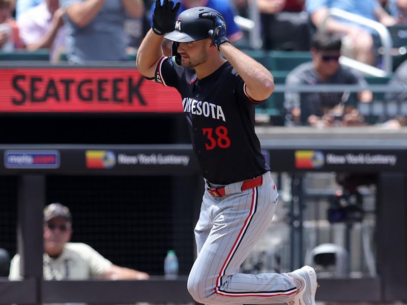 Jul 31, 2024; New York City, New York, USA; Minnesota Twins designated hitter Matt Wallner (38) rounds the bases after hitting a two run home run against the New York Mets during the third inning at Citi Field. Mandatory Credit: Brad Penner-USA TODAY Sports