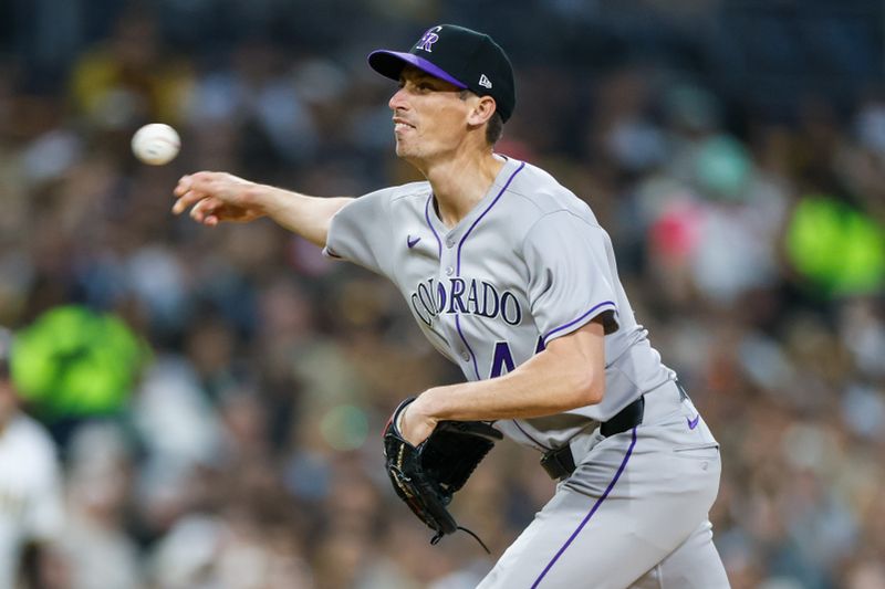 Apr 12, 2025; San Diego, California, USA; Colorado Rockies relief pitcher Jimmy Herget (44) throws a pitch during the sixth inning against the San Diego Padres at Petco Park. Mandatory Credit: David Frerker-Imagn Images