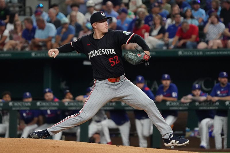 Sep 23, 2025; Arlington, Texas, USA; Minnesota Twins pitcher Zebby Matthews (52) throws to the plate during the first inning against the Texas Rangers at Globe Life Field. Mandatory Credit: Raymond Carlin III-Imagn Images