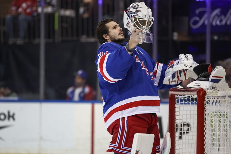 Mar 31, 2026; New York, New York, USA; New York Rangers goaltender Igor Shesterkin (31) takes to the ice for the start of the game against the New Jersey Devils at Madison Square Garden. Mandatory Credit: Wendell Cruz-Imagn Images Mar 31, 2026; New York, New York, USA; New York Rangers goaltender Igor Shesterkin (31) takes to the ice for the start of the game against the New Jersey Devils at Madison Square Garden. Mandatory Credit: Wendell Cruz-Imagn Images