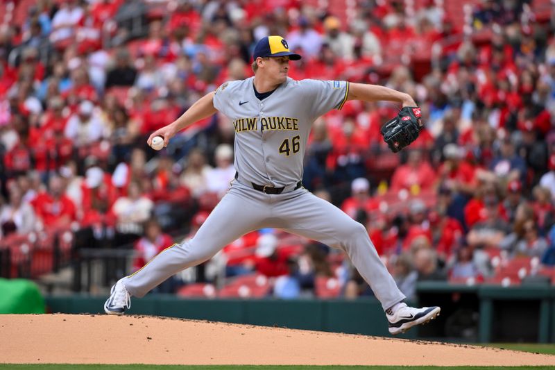 Apr 26, 2025; St. Louis, Missouri, USA;  Milwaukee Brewers starting pitcher Quinn Priester (46) pitches against the St. Louis Cardinals during the first inning at Busch Stadium. Mandatory Credit: Jeff Curry-Imagn Images