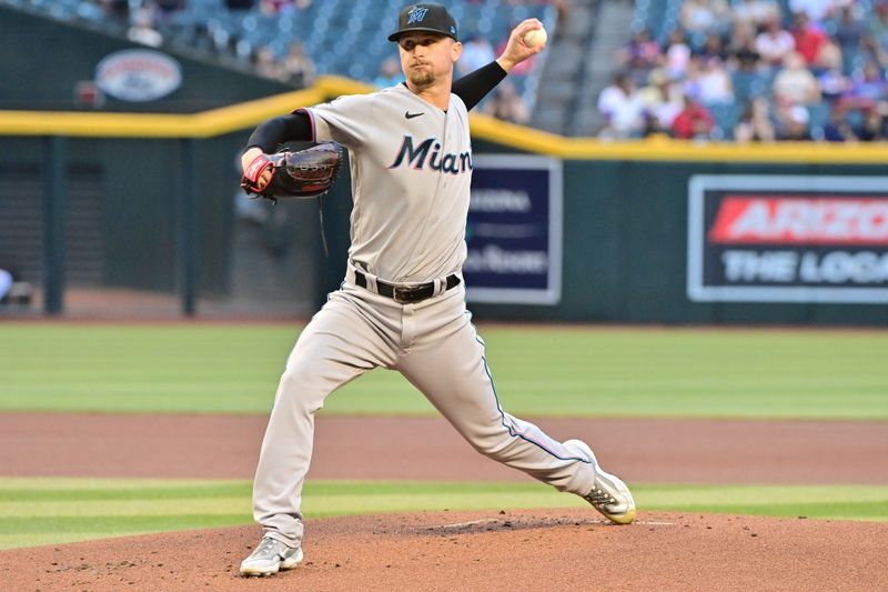 May 8, 2023; Phoenix, Arizona, USA;  Miami Marlins starting pitcher Braxton Garrett (29) throws in he first inning against the Arizona Diamondbacks at Chase Field. Mandatory Credit: Matt Kartozian-USA TODAY Sports