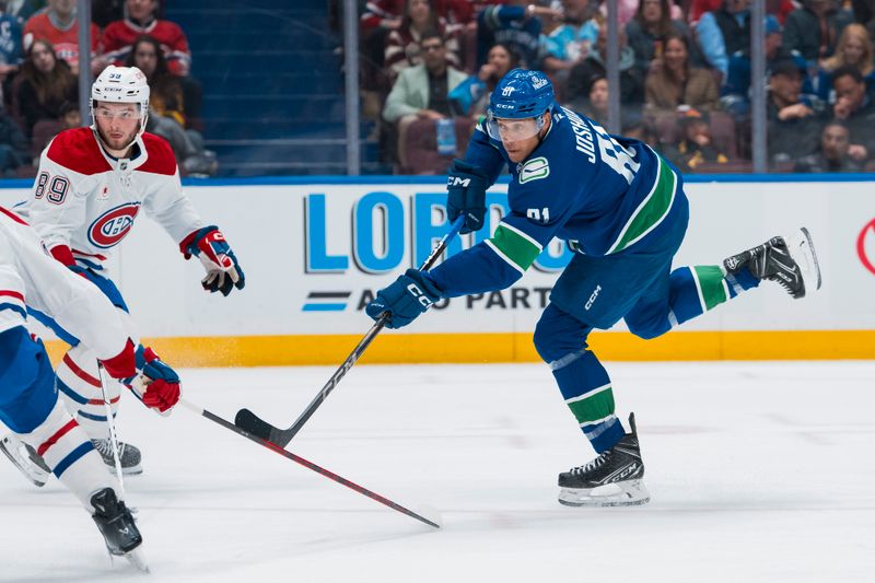 Mar 11, 2025; Vancouver, British Columbia, CAN; Montreal Canadiens forward Joshua Roy (89) watches as Vancouver Canucks forward Dakota Joshua (81) shoots in the second period at Rogers Arena. Mandatory Credit: Bob Frid-Imagn Images