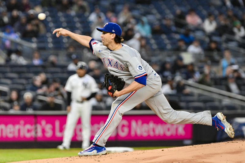 May 21, 2025; Bronx, New York, USA; Texas Rangers pitcher Jacob deGrom (48) pitches against the New York Yankees during the first inning at Yankee Stadium. Mandatory Credit: John Jones-Imagn Images