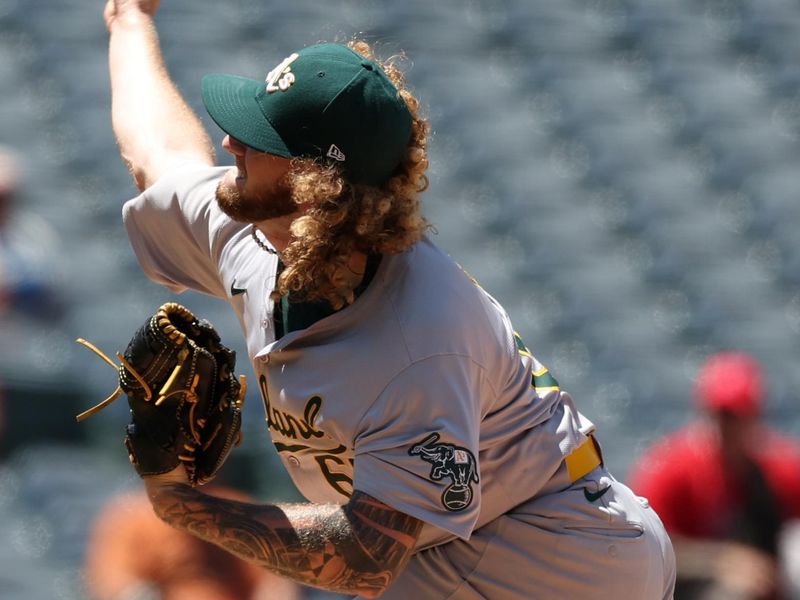 Jun 26, 2024; Anaheim, California, USA;  Oakland Athletics starting pitcher Joey Estes (68) pitches during the game against the Los Angeles Angels at Angel Stadium. Mandatory Credit: Kiyoshi Mio-USA TODAY Sports