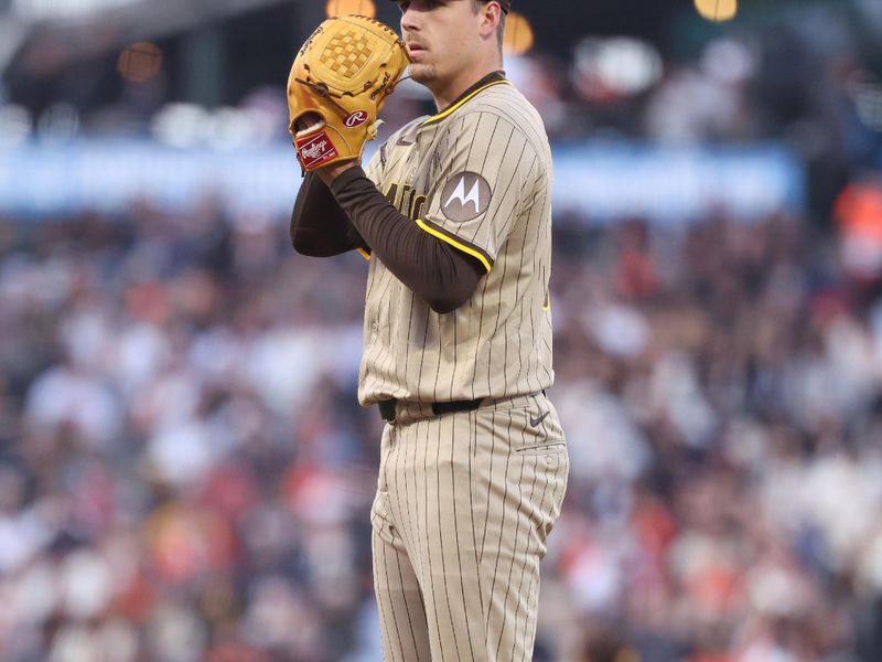 Jun 3, 2025; San Francisco, California, USA; San Diego Padres starting pitcher Ryan Bergert (38) on the mound against the San Francisco Giants during the fourth inning at Oracle Park. Mandatory Credit: Kelley L Cox-Imagn Images