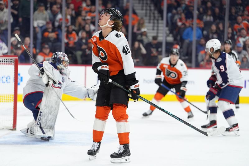 Mar 14, 2026; Philadelphia, Pennsylvania, USA; Philadelphia Flyers center Trevor Zegras (46) reacts against the Columbus Blue Jackets in the second period at Xfinity Mobile Arena. Mandatory Credit: Kyle Ross-Imagn Images