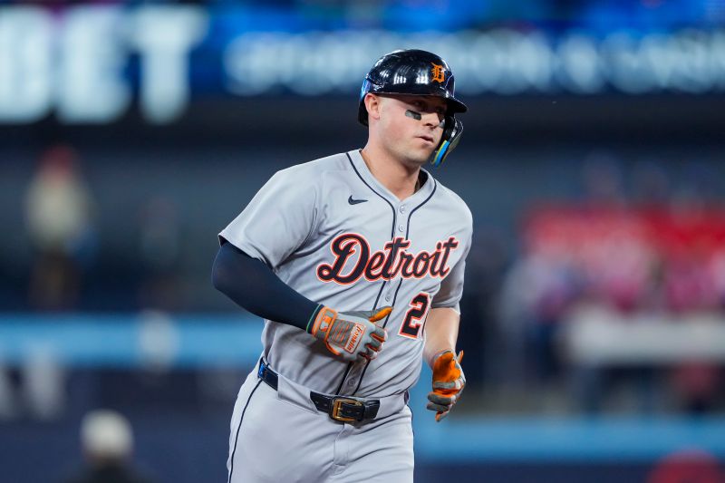 May 17, 2025; Toronto, Ontario, CAN; Detroit Tigers first base Spencer Torkelson (20) celebrates hitting a home run against the Toronto Blue Jays during the second inning in their MLB game at Rogers Centre. Mandatory Credit: Kevin Sousa-Imagn Images