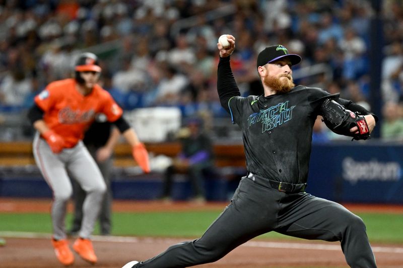 Aug 10, 2024; St. Petersburg, Florida, USA; Tampa Bay Rays starting pitcher Drew Rasmussen (57)  throws a pitch in the first inning against the Baltimore Orioles at Tropicana Field. Mandatory Credit: Jonathan Dyer-USA TODAY Sports