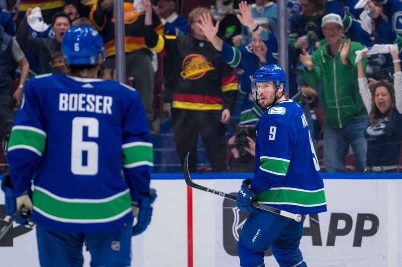 May 8, 2024; Vancouver, British Columbia, CAN; Vancouver Canucks forward Brock Boeser (6) and forward J.T. Miller (9) celebrate Miller’s goal against the Edmonton Oilers during the third period in game one of the second round of the 2024 Stanley Cup Playoffs at Rogers Arena. Mandatory Credit: Bob Frid-USA TODAY Sports