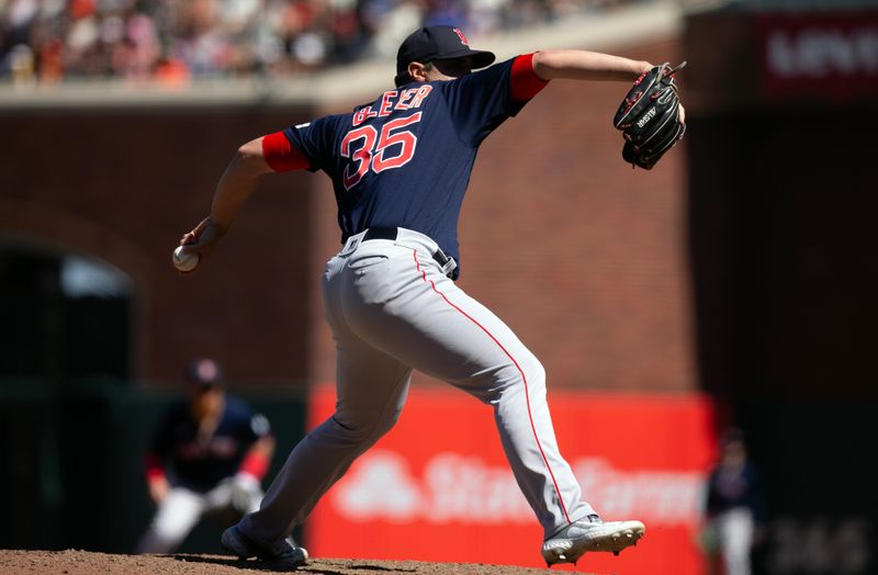 Jul 30, 2023; San Francisco, California, USA; Boston Red Sox pitcher Richard Bleier (35) delivers a pitch against the San Francisco Giants during the ninth inning at Oracle Park. Mandatory Credit: D. Ross Cameron-USA TODAY Sports